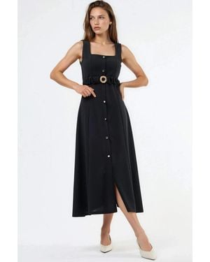 Busem Belted Square Collar Midi Dress - Black