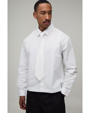 BoohooMAN Oversized Boxy Long Sleeve Shirt & Tie - White