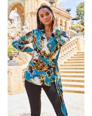Sosandar Multi Print Wrap Front Top - Metallic