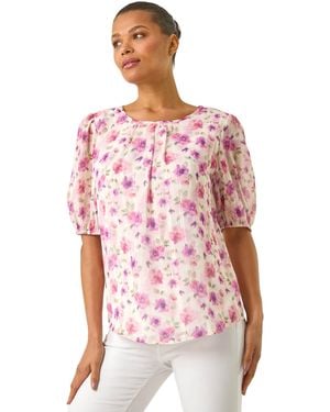Roman Floral Print Woven Top - Pink