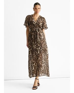Gini London Chiffon Animal Lurex Stripe Wrap Midi Dress - Natural