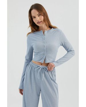 Hiccup Buttoned Ribbed Long Sleeve Top - Blue
