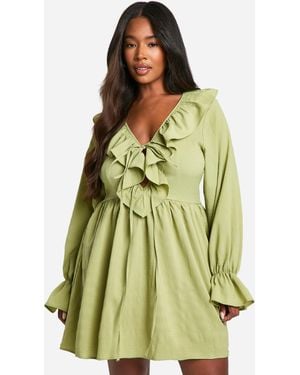 Boohoo Plus Textured Woven Frill Skater Dress - Green