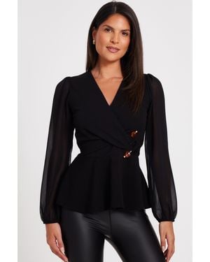 Quiz Wrap Front Buckle Top - Black