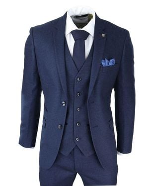 Paul Andrew 3 Piece Birdseye Tweed Classic Suit Velvet - Blue