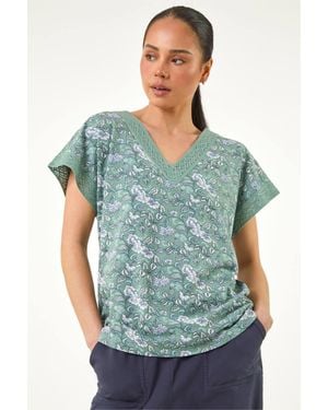 Roman Petite Lace Trim V-Neck Top - Blue