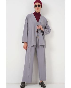Bigdart Textured V-Neck Long Cardigan And Trousers Set - Grey