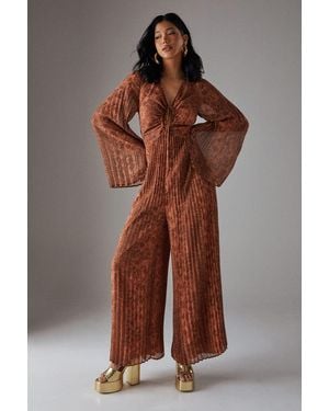 Warehouse Chiffon Pleated Keyhole Flared Sleeve Jumpsuit - Brown
