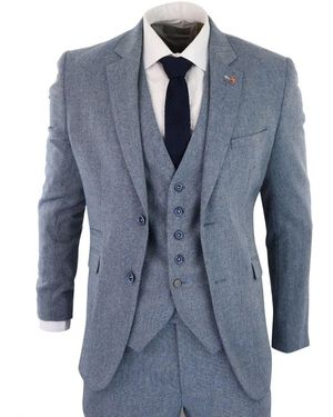 Infinity Leather 3 Piece Light Tweed Tailored Fit Retro Classic Suit Velvet - Blue