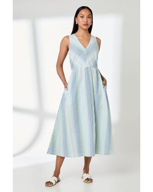 PRINCIPLES Stripe V Neck Fit & Flare Midi Dress Cotton - Blue