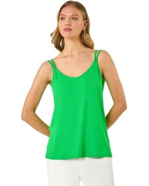 Roman Plain Double Strap V-Neck Stretch Vest Top - Green