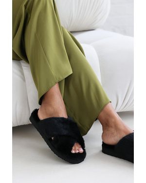 Where's That From Wheres 'Ciara' Faux Fur Cross Over Strap Slippers - Green