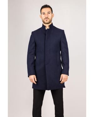 TruClothing Stand Collar Wool Blend Overcoat - Blue