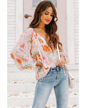 Everyday the Label Abstract Print Split Neck Puff Sleeve Blouse - White