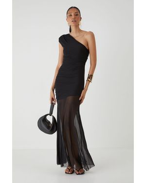 MissPap Mesh Ruched One Shoulder Maxi Dress - Black