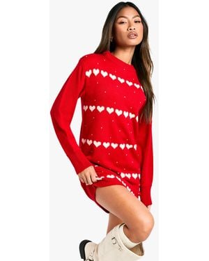 Boohoo Hearts Jumper Dress - Red