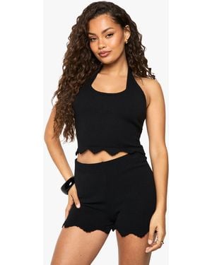 Boohoo Halter Neck Beach Knit Scallop Edge Top And Short - Black