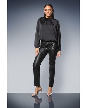 PRINCIPLES Gathered Neck Tie Waist Satin Blouse - Blue