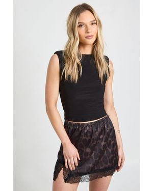 Boohoo Petite Satin Lace Trim Mini Skirt - Black