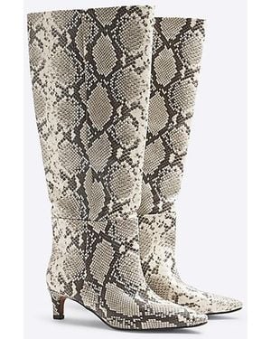 River Island Knee High Boots Snake Print Kitten Heel Pu - White