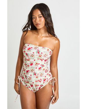 Boohoo Tomato Print Ruched Bandeau Swimsuit - Natural