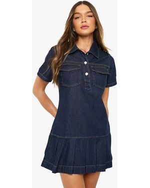 Boohoo Pleated Denim Dress - Blue