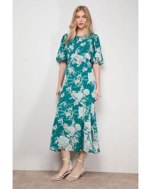 Oasis Puff Sleeve Trim Detail Panelled Tea Dress - Blue