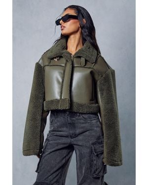 MissPap Borg Buckle Detail Cropped Aviator Jacket - Grey