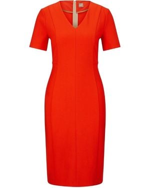BOSS Damaisa V-Neck Short Sleeve Knee Length Dress - Red