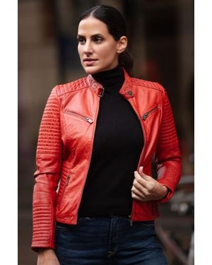 Monom 'Bikex' Real Leather Ribbed Detailing Biker Jacket - Red