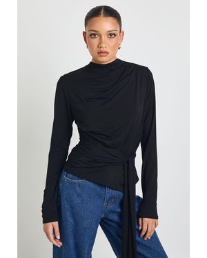 Boohoo Cowl Neck Long Sleeve Tie Waist Top - Blue