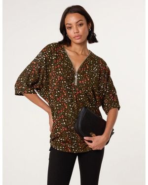 Blue Vanilla Printed Zip Front Top - Brown