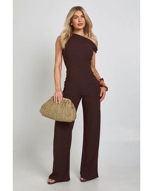 Boohoo Textured Asym Neck Wide Leg Jumpsuit - Brown