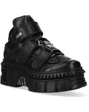 New Rock Metallic Ankle Leather Boots-Wall285-S3 - Black