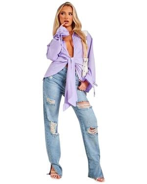 Missy Empire Missy Empire /Ladies Drape Detail Tie Sleeves Shirt - Blue