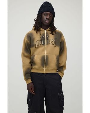 BoohooMAN Oversized Boxy Gothic Embellished Dirty Wash Zip Through Hoodie - Brown