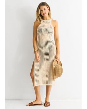 Gini London Crochet Knit Bodycon Slit Dress - Natural