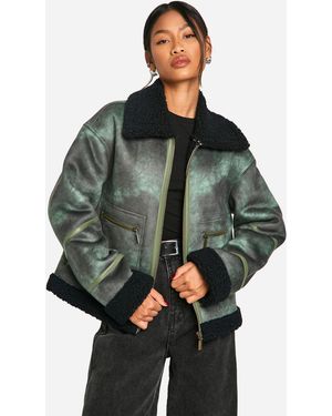 Boohoo Vintage Look Teddy Trim Aviator Jacket - Green