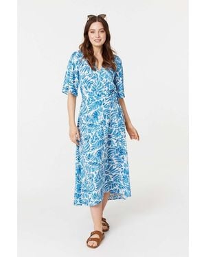 Izabel London Leaf Print 1/2 Sleeve Wrap Dress - Blue
