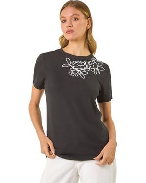 Roman Embroidered Stretch T-Shirt - Black