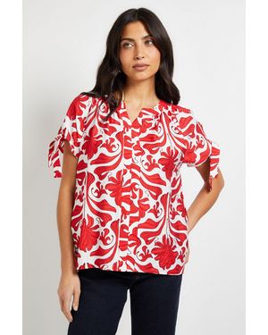 Wallis Abstract Tie Sleeve Collarless Top - Red