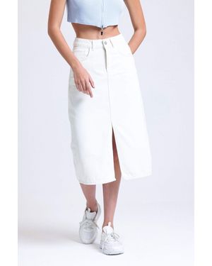 Hiccup Denim High Waist Midi Skirt With A Front Slit - White