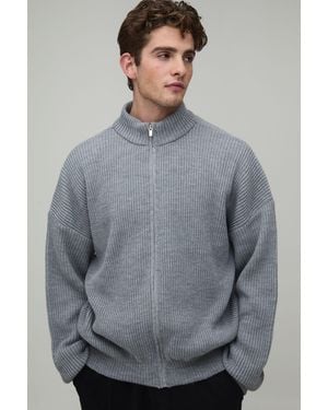 BoohooMAN Relaxed Fit Ribbed Track Knitted Jacket - Grey