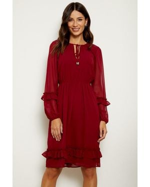 Sosandar Burgundy Ruffle Trim Fit & Flare Dress - Red