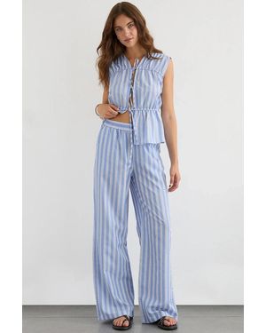 Hiccup Wide Leg Striped Trousers With Elastic Waist - Blue