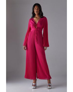 Warehouse Chiffon Pleated Keyhole Flared Sleeve Jumpsuit - Pink