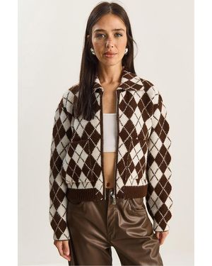 Bianco Lucci Thick Jacquard Knit Cardigan With Zipper - Brown