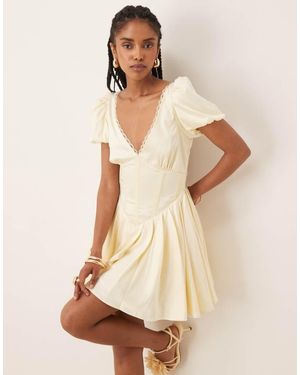 LACE & BEADS Puff Sleeve Satin Corset Mini Dress - Natural
