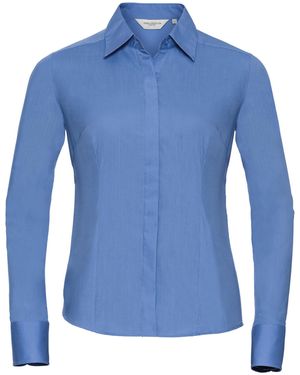 Russell Collection Ladies/ Long Sleeve Poly-Cotton Easy Care Fitted Poplin Shirt (Corporate) - Blue