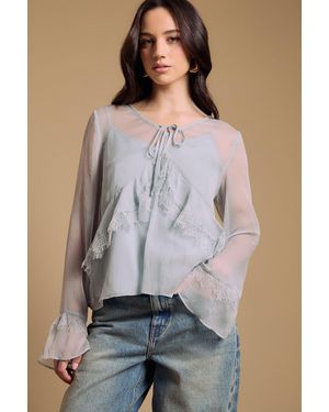 Oasis Fluted Sleeve Lace Trim Blouse - Blue